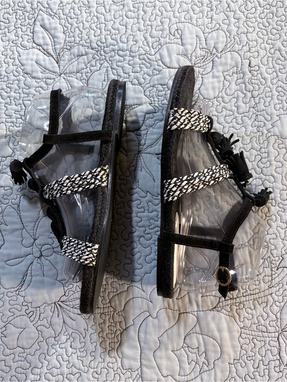 Anthropologie Fringed Rope Tassel Sandals Black White Woven Boho Sandals Sz 8💛